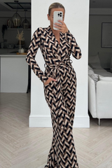 Scarlett Neutral chevron Long Sleeved Flared Leg jumpsuit