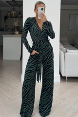 Scarlett Zebra Green & Black Long Sleeved Flared Leg jumpsuit