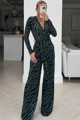 Scarlett Zebra Green & Black Long Sleeved Flared Leg jumpsuit