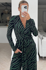 Scarlett Zebra Green & Black Long Sleeved Flared Leg jumpsuit