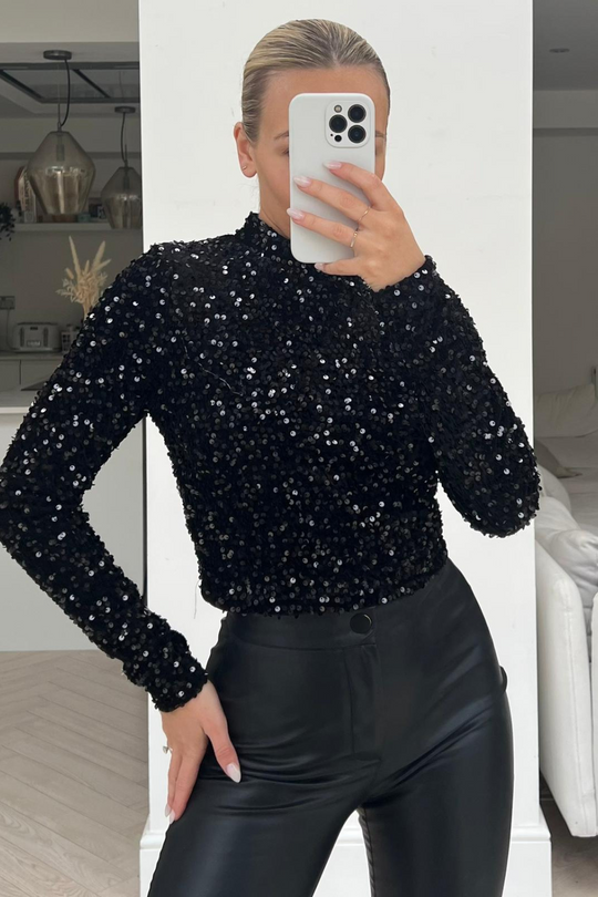 Aria Black Sequin long sleeved crop top