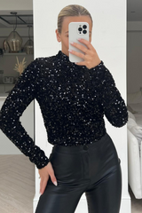 Aria Black Sequin long sleeved crop top