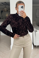 Aria Chocolate Sequin long sleeved crop top