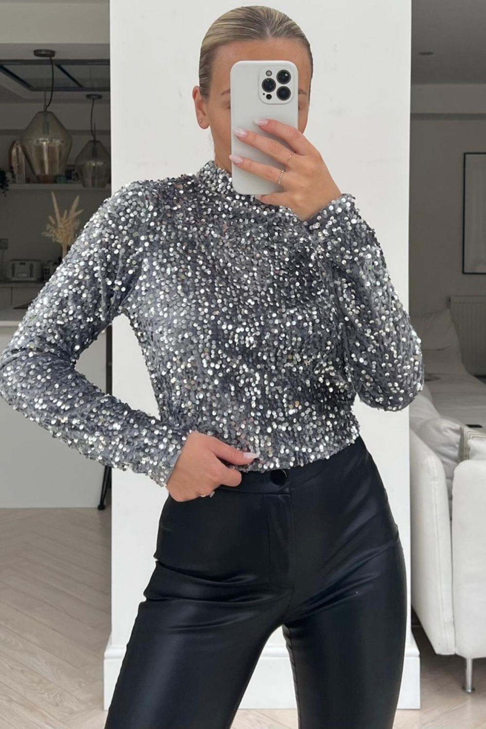 Aria Silver Sequin long sleeved crop top