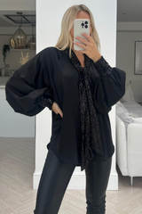 Lucy black bow tie satin sequin blouse