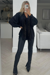 Lucy black bow tie satin sequin blouse