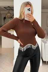 Christina chocolate ribbed diamante tassel top