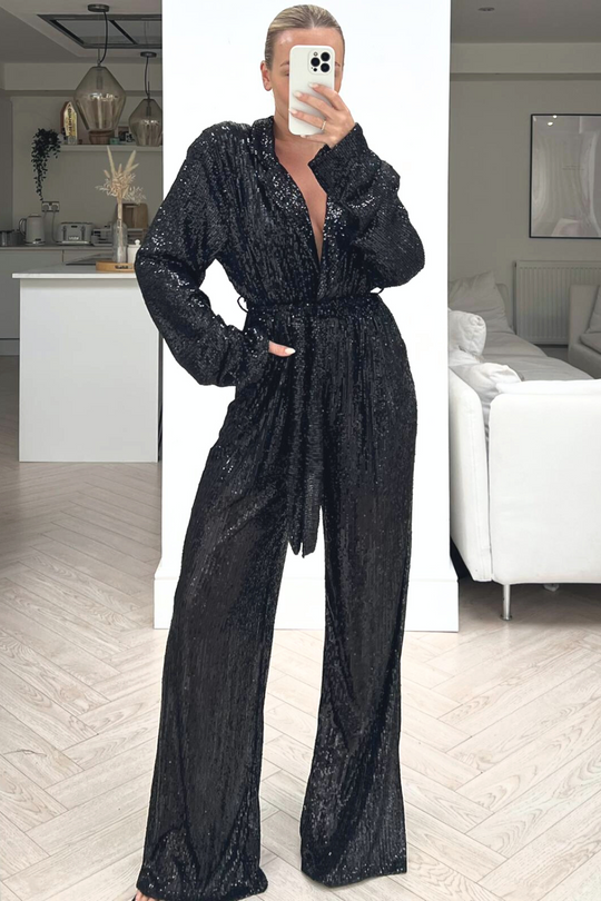 Pascal black tie waist sequin jumpsuit