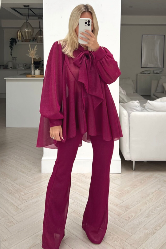 Wonder fuchsia bow tie shimmer trouser coord