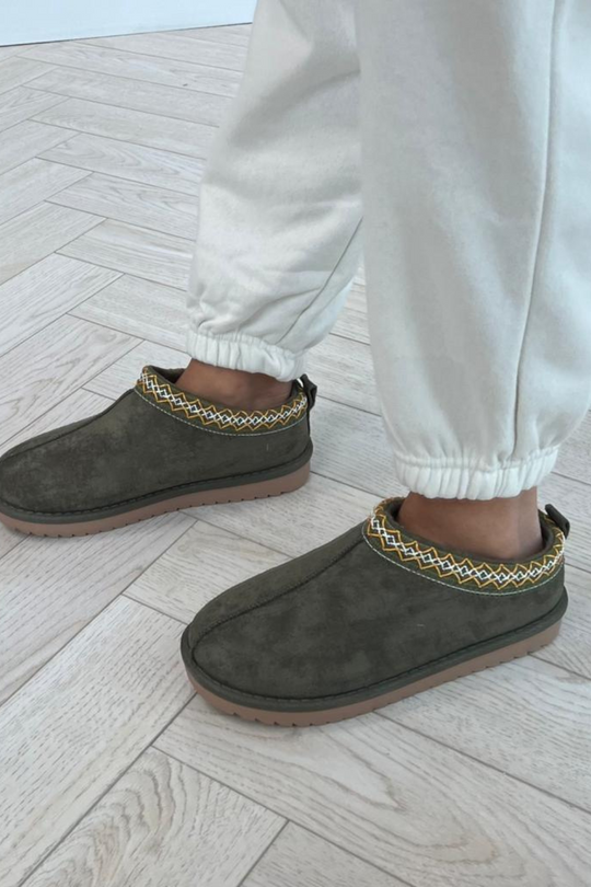 Tamsin Khaki Faux Suede Slip On Mules