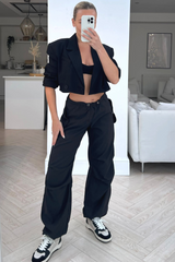 Miley Black toggle waist relaxed fit cargo trousers