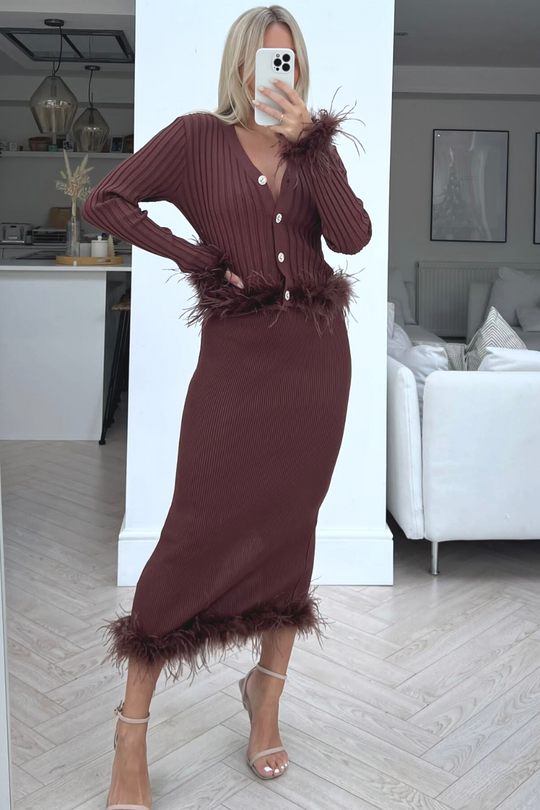 Yazmin chocolate cardigan feather trim skirt coord