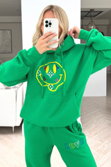 Smiley pattern green embroidered  hooded loungewear set