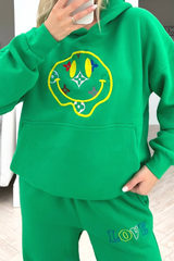 Smiley pattern green embroidered  hooded loungewear set