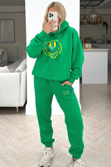 Smiley pattern green embroidered  hooded loungewear set