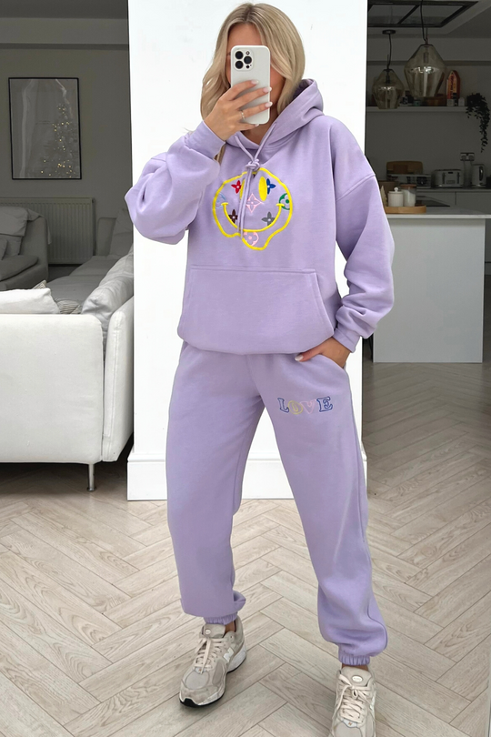 Smiley pattern lilac embroidered  hooded loungewear set