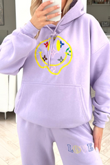 Smiley pattern lilac embroidered  hooded loungewear set