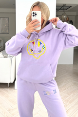 Smiley pattern lilac embroidered  hooded loungewear set