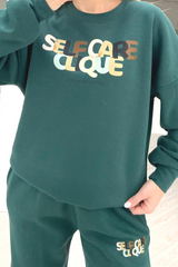 Self care clique forest green printed sweater loungewear set