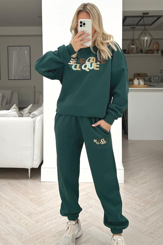 Self care clique forest green printed sweater loungewear set