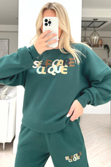 Self care clique forest green printed sweater loungewear set