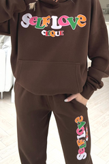 self love clique chocolate printed hooded loungewear set