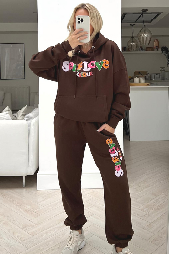 self love clique chocolate printed hooded loungewear set