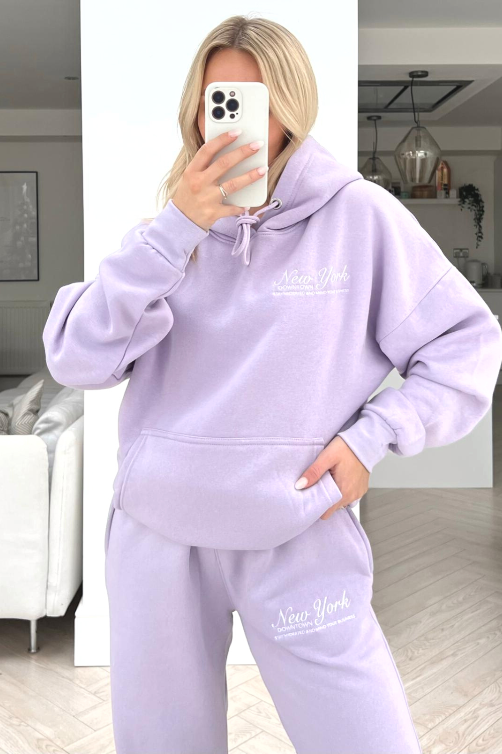 New York Downtown lilac embroidered hoodie loungewear set