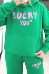 Lucky you bottle green printed hooded loungewear set