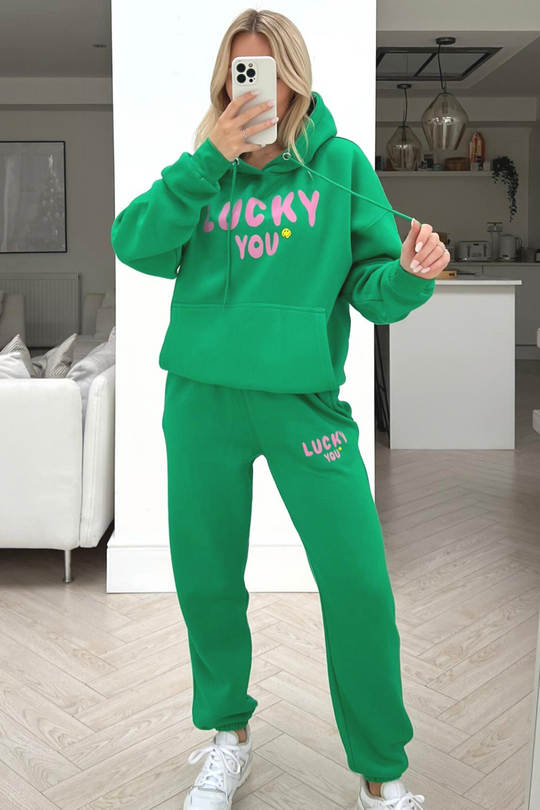 Lucky you bottle green printed hooded loungewear set