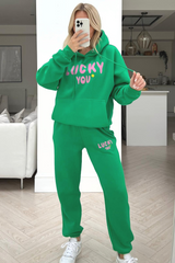 Lucky you bottle green printed hooded loungewear set