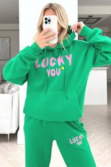 Lucky you bottle green printed hooded loungewear set