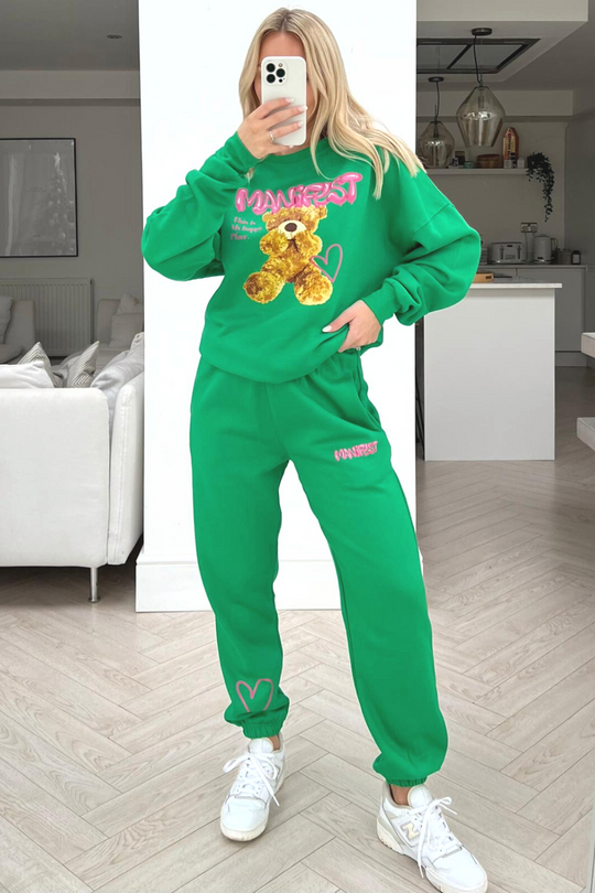 Manifest teddy bottle green printed sweater loungewear set