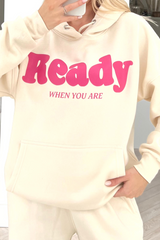 ready when you are ecru printed hooded loungewear set