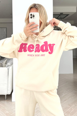 ready when you are ecru printed hooded loungewear set