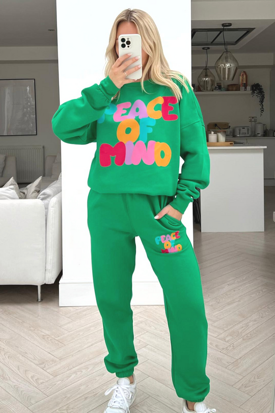 peace of mind bottle green printed sweater loungewear set