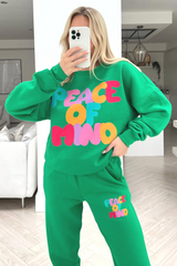 peace of mind bottle green printed sweater loungewear set