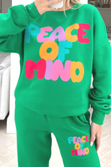 peace of mind bottle green printed sweater loungewear set