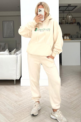 Sporty athletics ecru embroidered hooded loungewear set