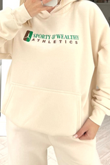 Sporty athletics ecru embroidered hooded loungewear set