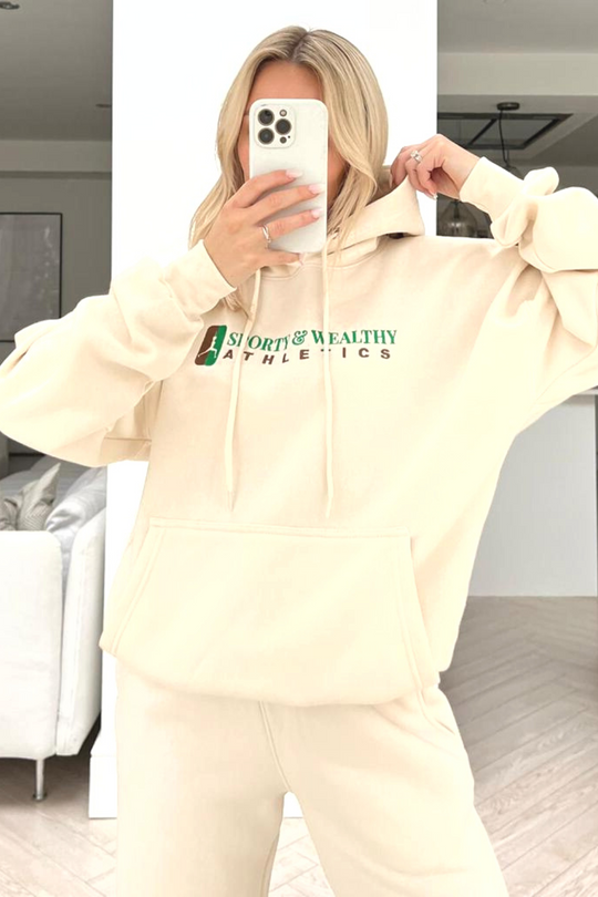 Sporty athletics ecru embroidered hooded loungewear set
