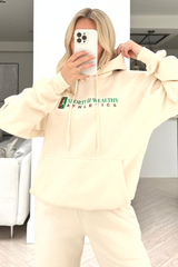 Sporty athletics ecru embroidered hooded loungewear set