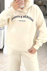 Sporty or whatever ecru embroidered hooded loungewear set