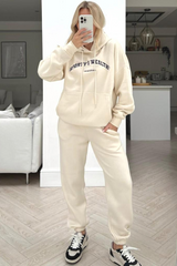 Sporty or whatever ecru embroidered hooded loungewear set