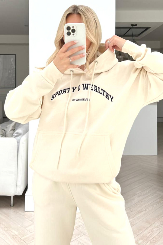 Sporty or whatever ecru embroidered hooded loungewear set
