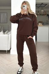 Sporty or whatever chocolate embroidered sweater loungewear set