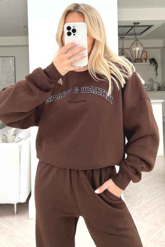 Sporty or whatever chocolate embroidered sweater loungewear set