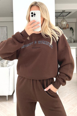 Sporty or whatever chocolate embroidered sweater loungewear set