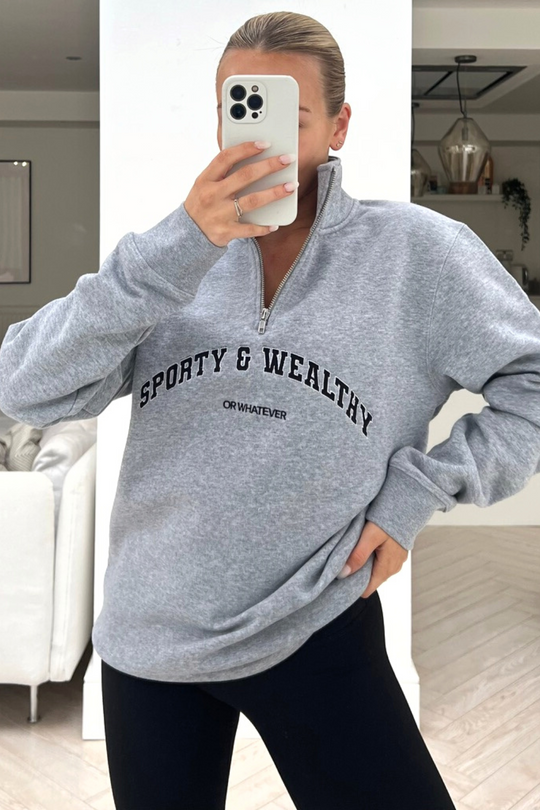 Sporty or whatever grey embroidered 1/4 zip sweater