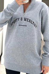 Sporty or whatever grey embroidered 1/4 zip sweater